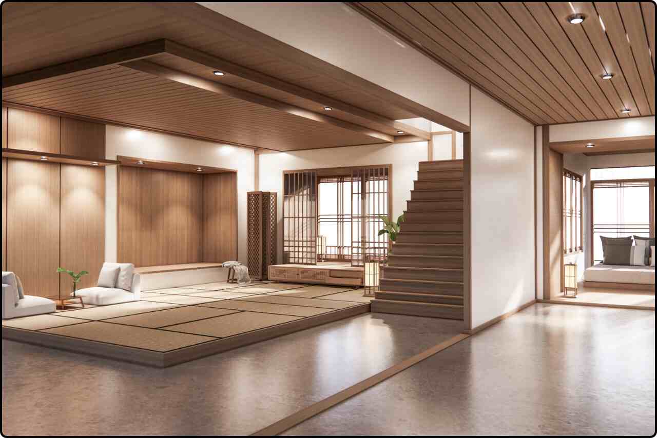 Elegant Japanese bedroom with a futon mattress on a wooden platform, soft lighting, and simple decor.